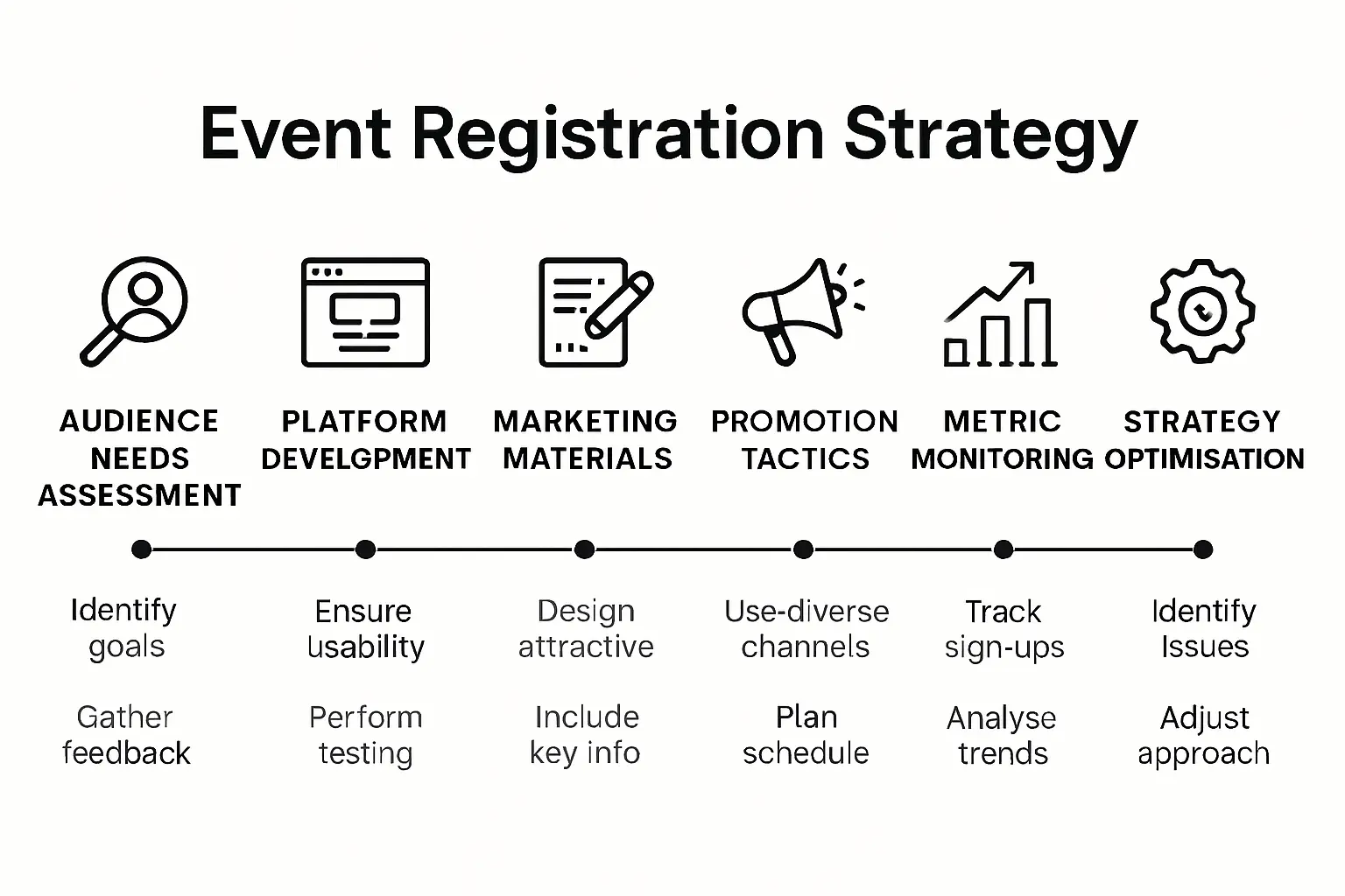 Visual guide showing six-step event registration strategy process