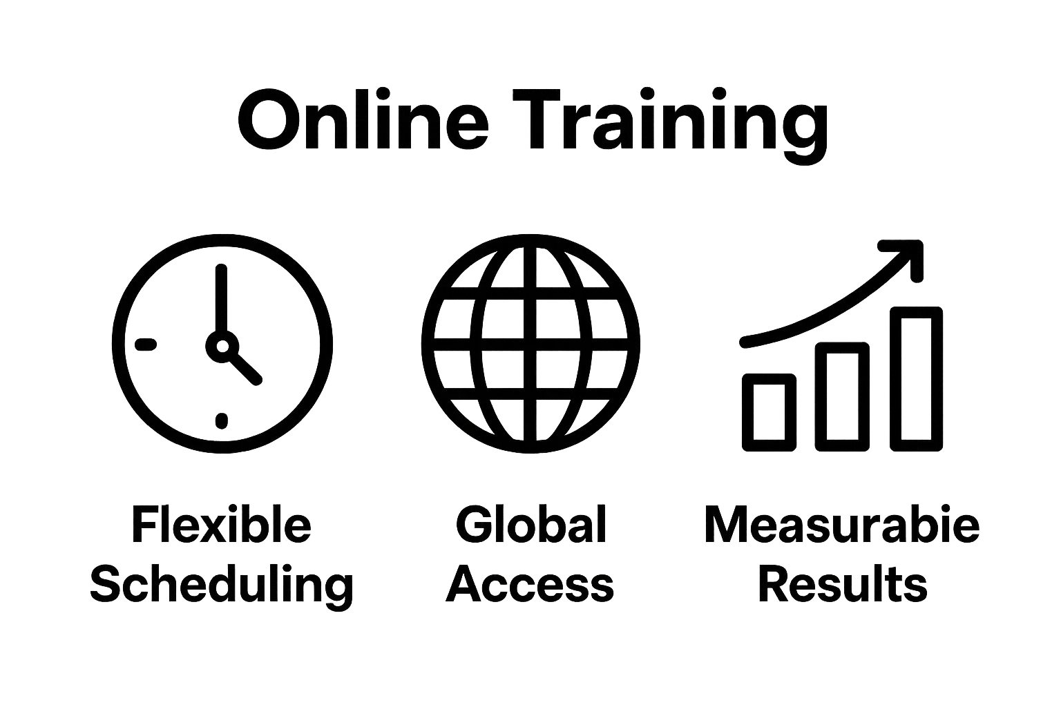 Three icons showing flexible schedules, global access, and measurable results