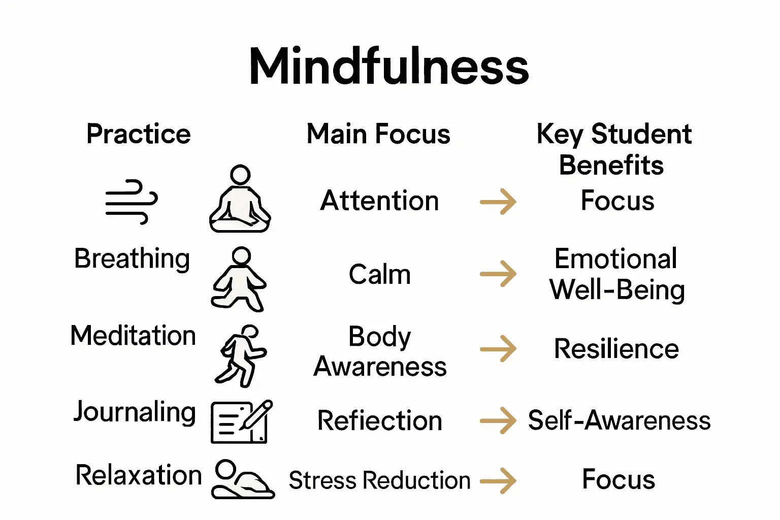 Infographic comparing mindfulness practices, focus, and student benefits in education.