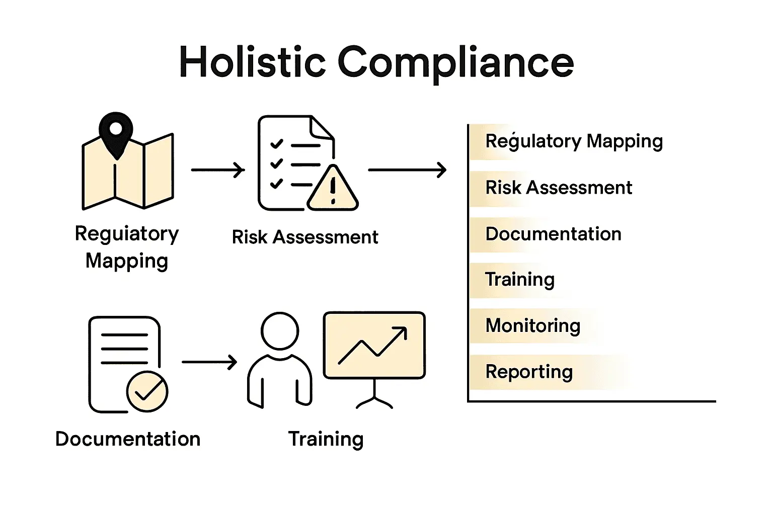 Infographic showing 6 essential steps to organisational compliance.