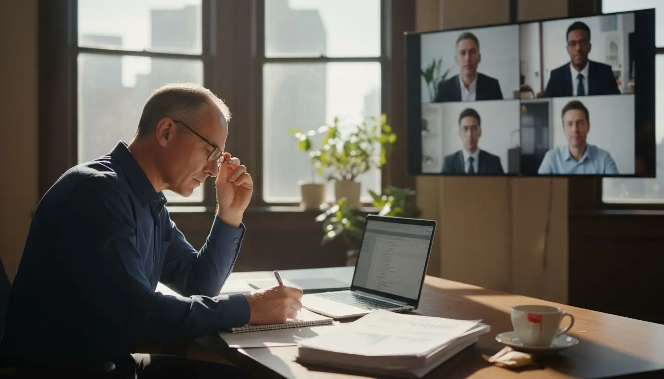 Remote team video call in office setting