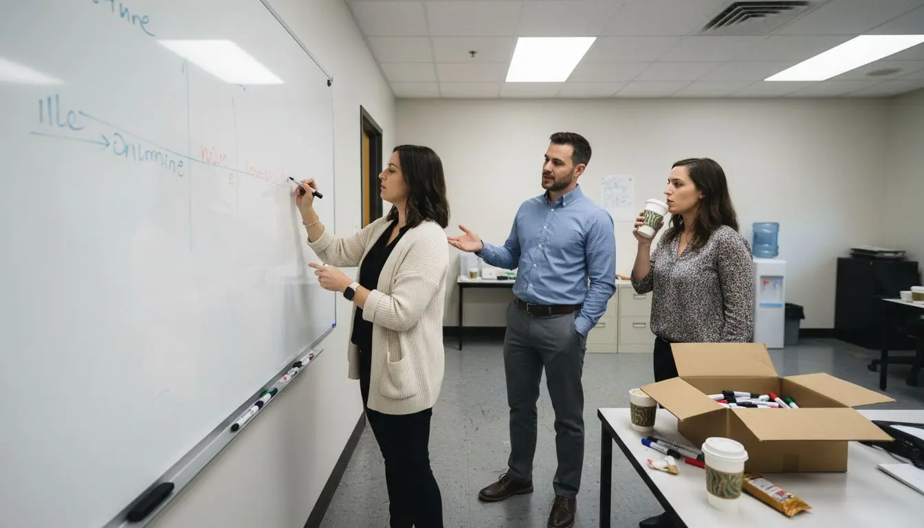 Office team collaborating around whiteboard