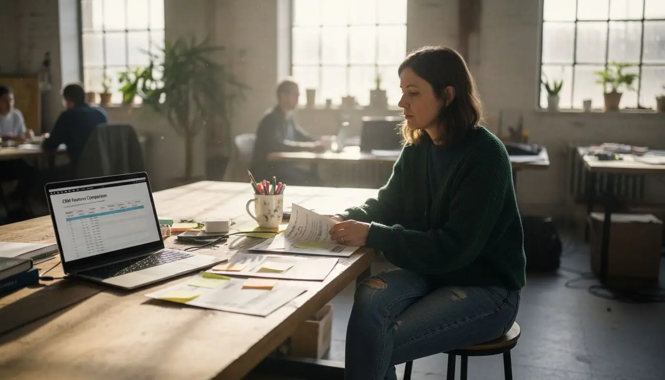 Woman comparing CRM brochures at table