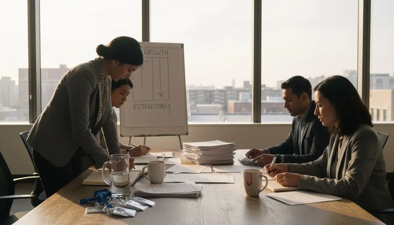 Team reviewing membership strategy in conference room