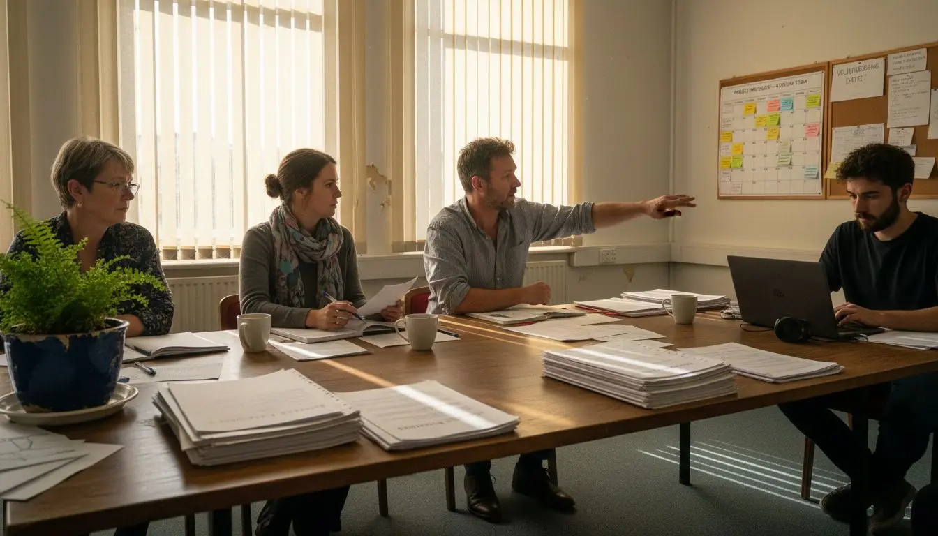 Volunteers meet in modest office for planning