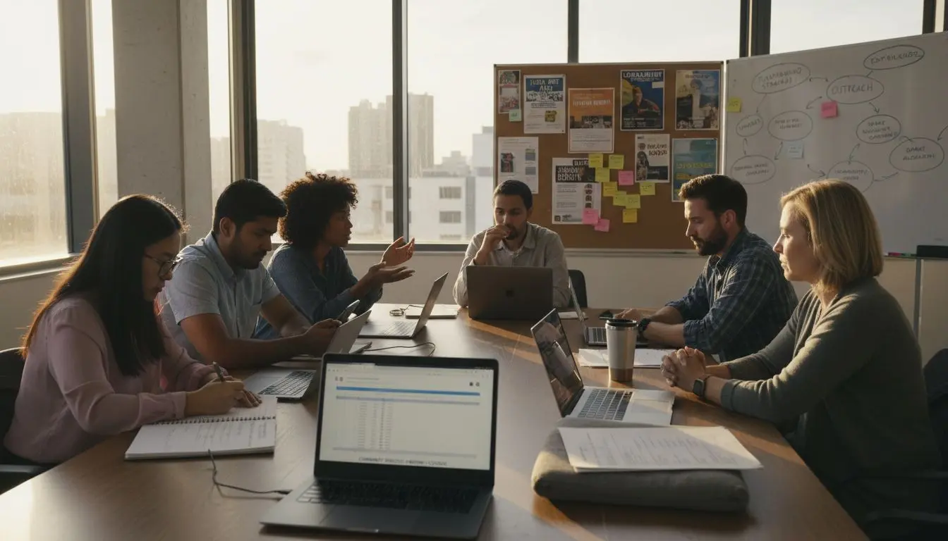 Group collaborating around community meeting table