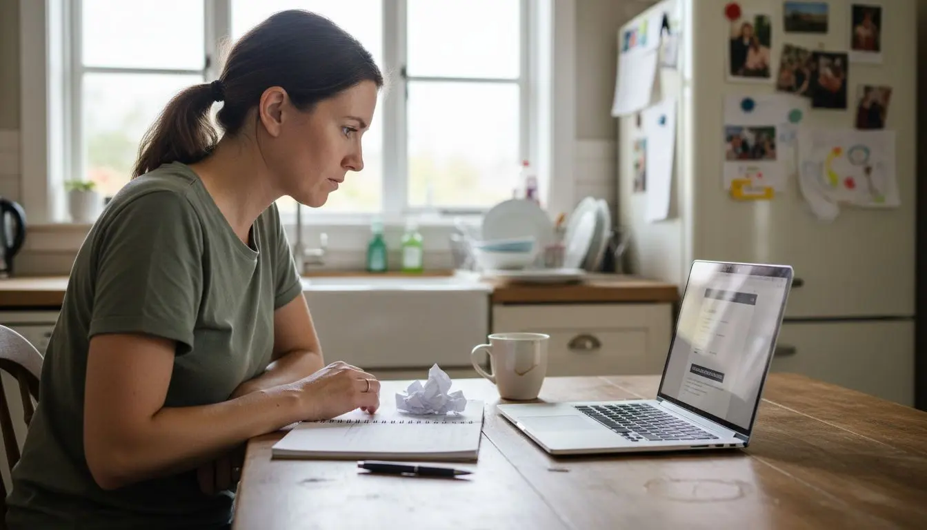 Woman setting up online platform at kitchen table