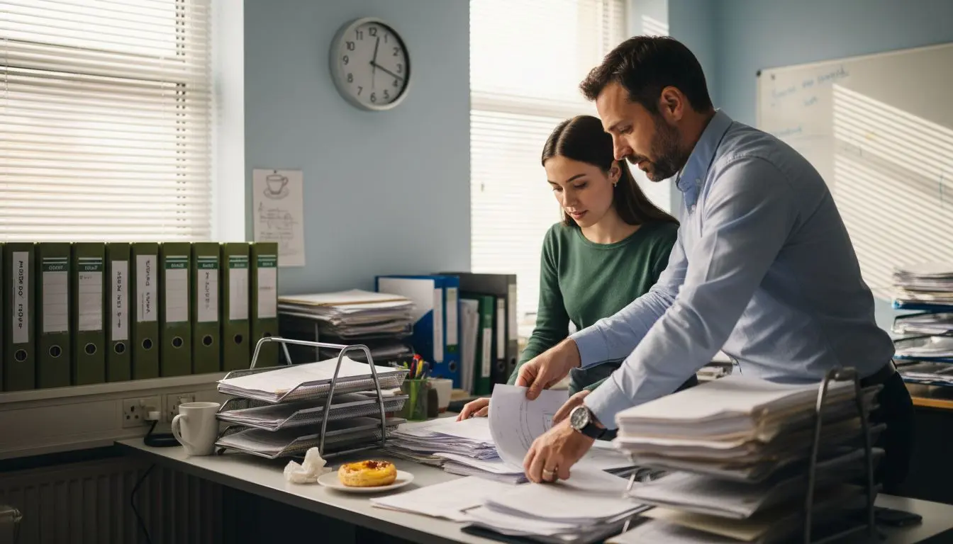 Manager assisting colleague in active workspace