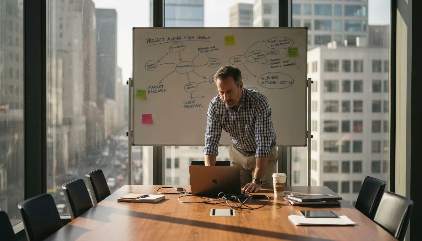 Man setting up webinar in corner office