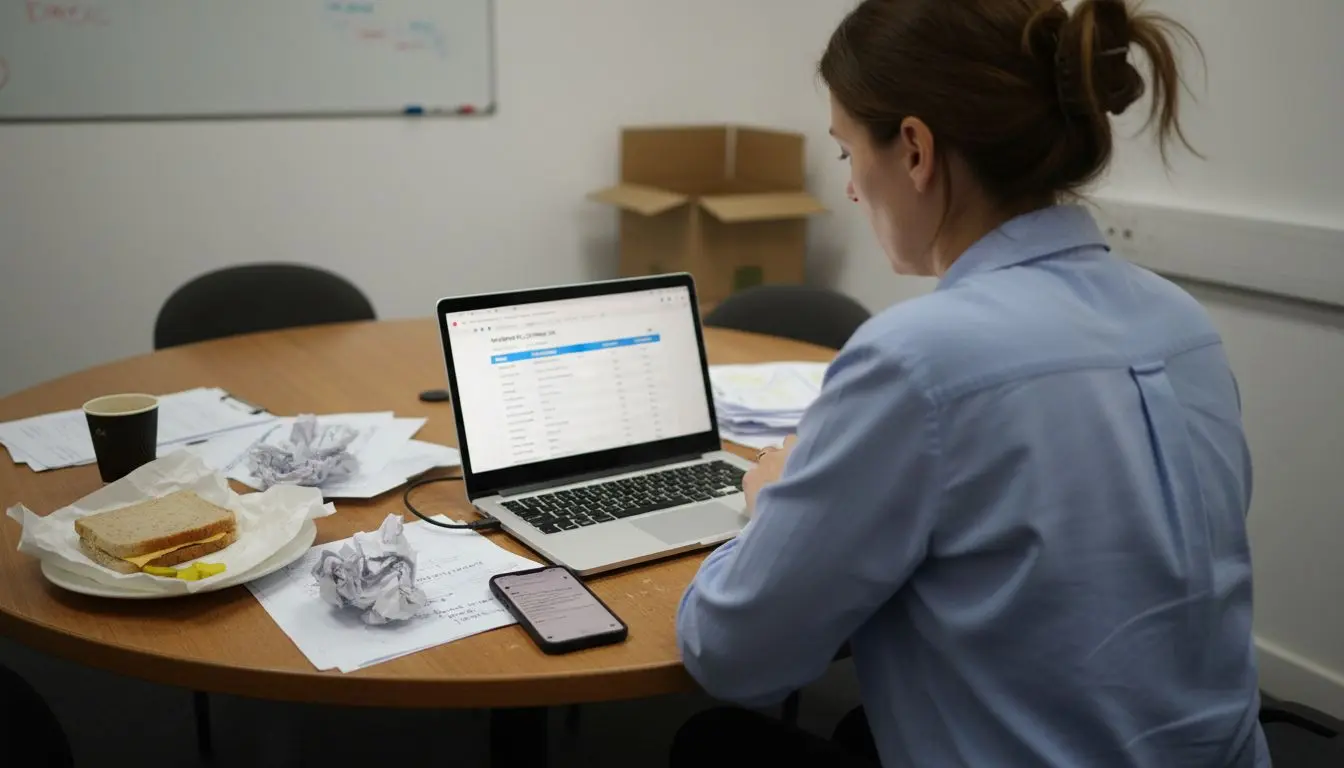 Woman comparing webinar platforms in meeting room
