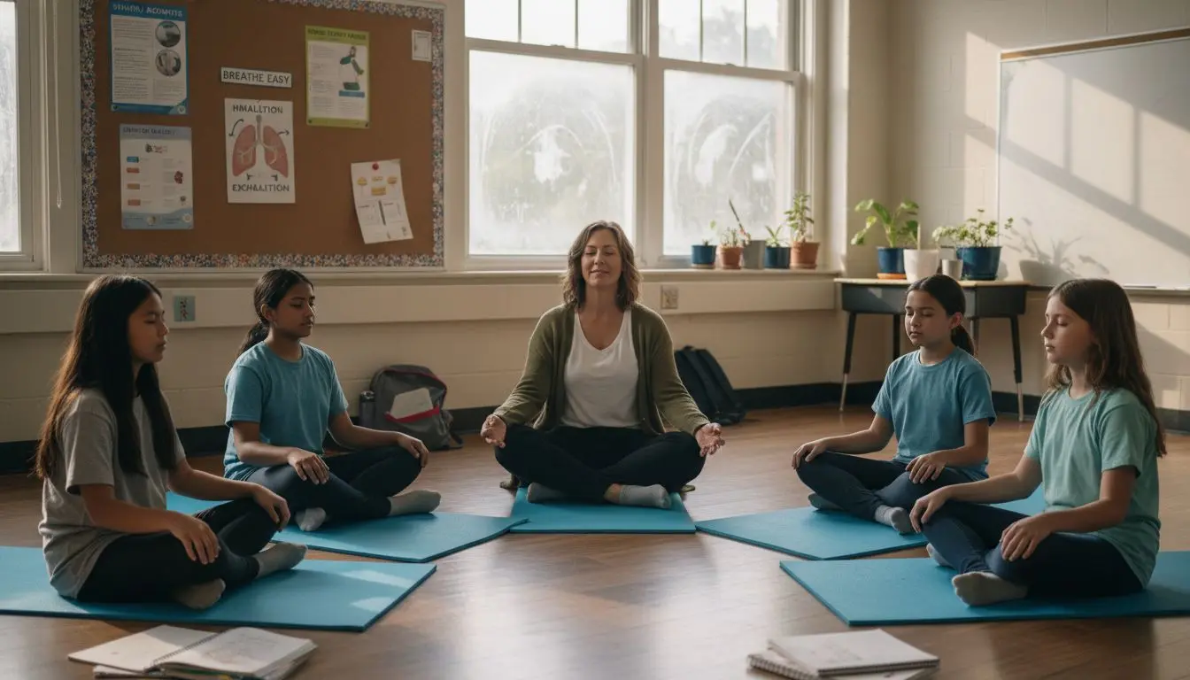 Students practicing wellness in sunlit classroom