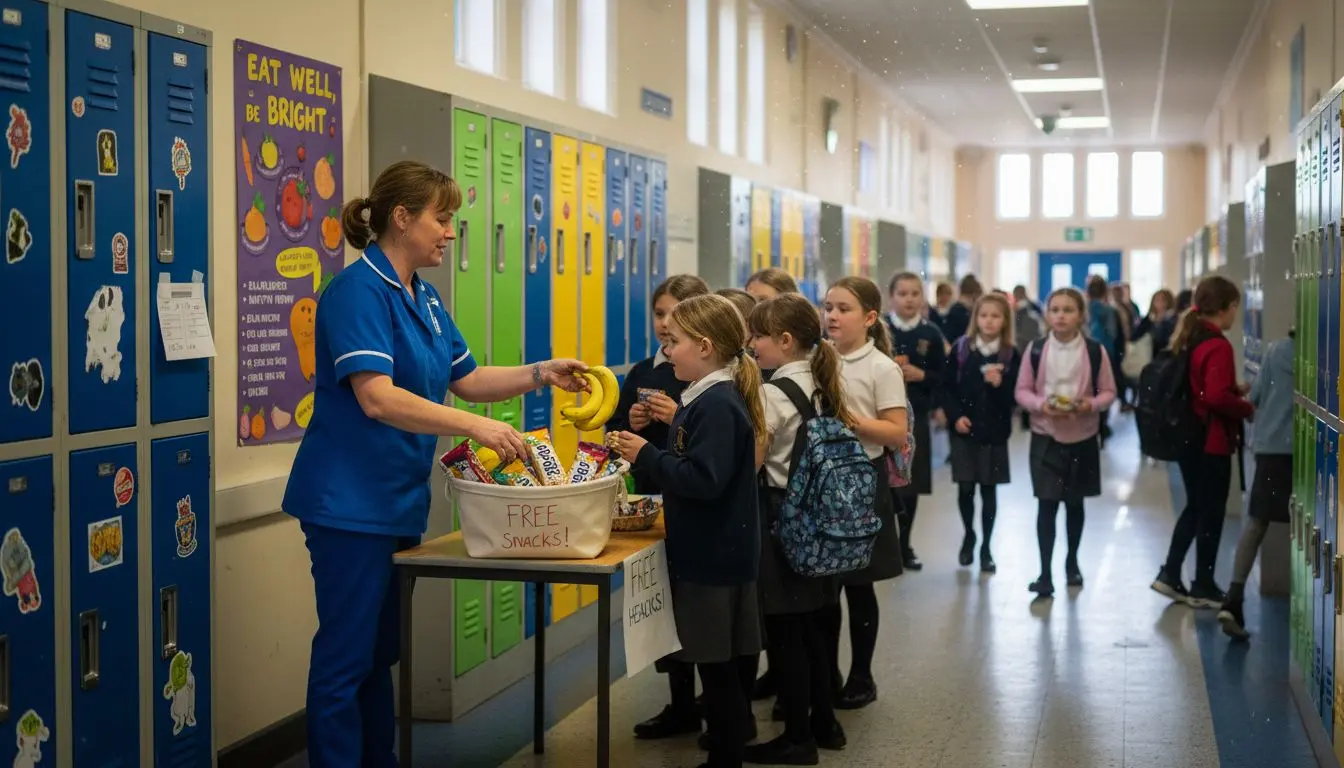 School nurse distributing healthy snacks