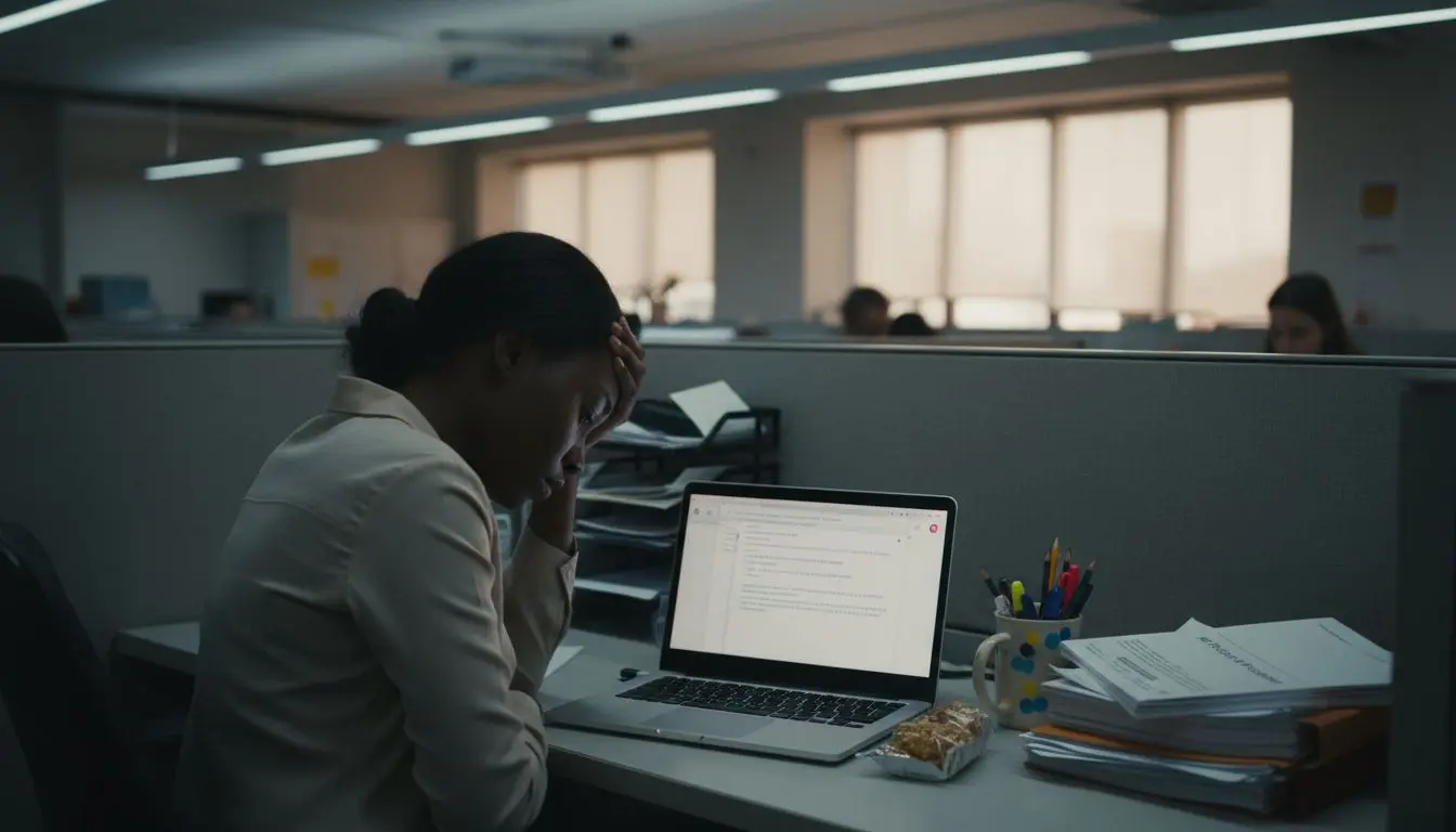 Employee stressed at her office desk