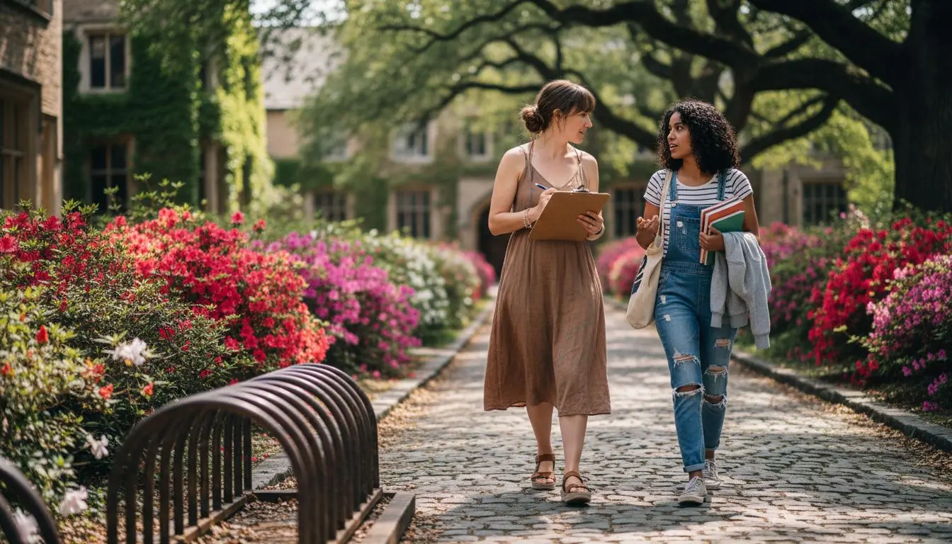 Mentor and student walking on campus path
