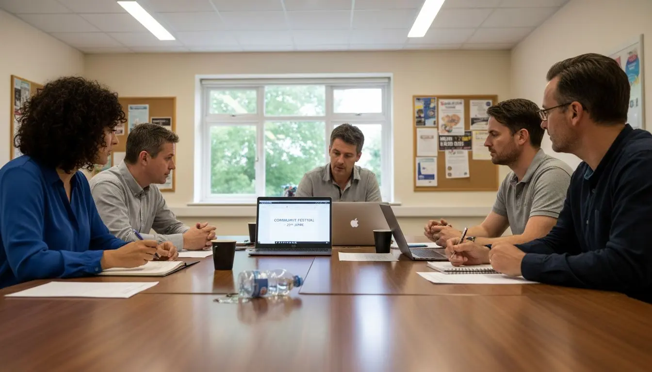 Group collaborating at community meeting table