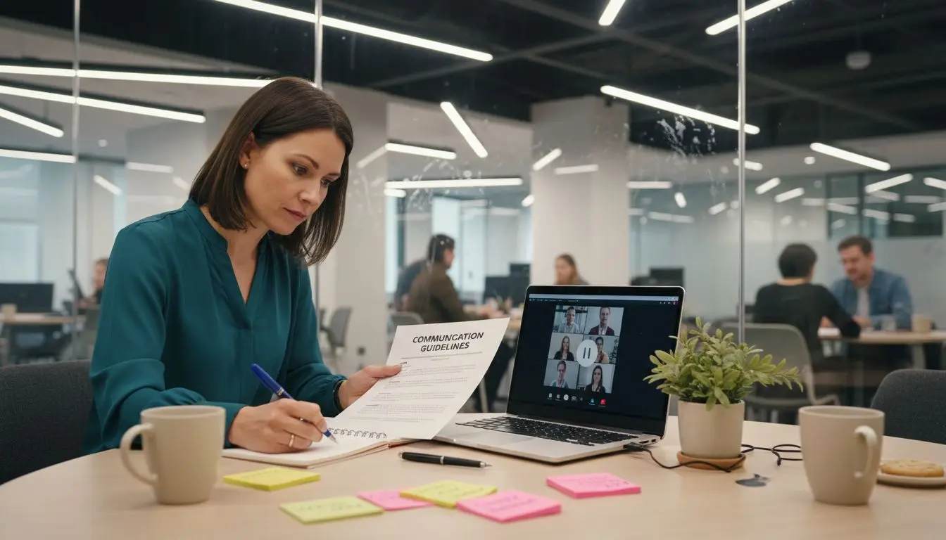 Staff member reviewing communication protocol notes