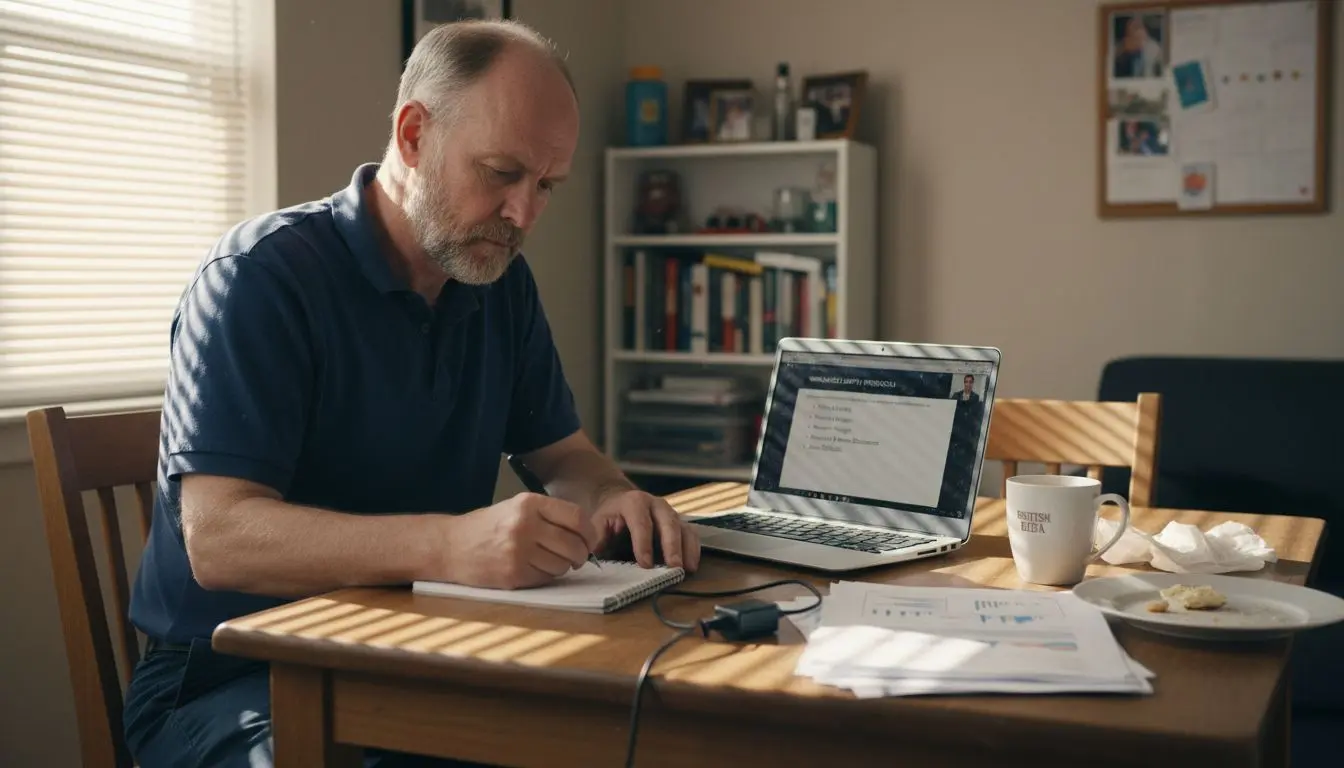 Man participating in online training from home