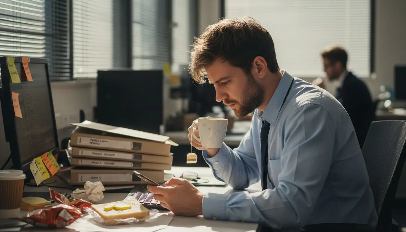 Office worker appearing stressed and distracted