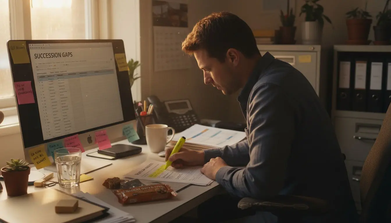 HR coordinator reviewing succession analysis sheet