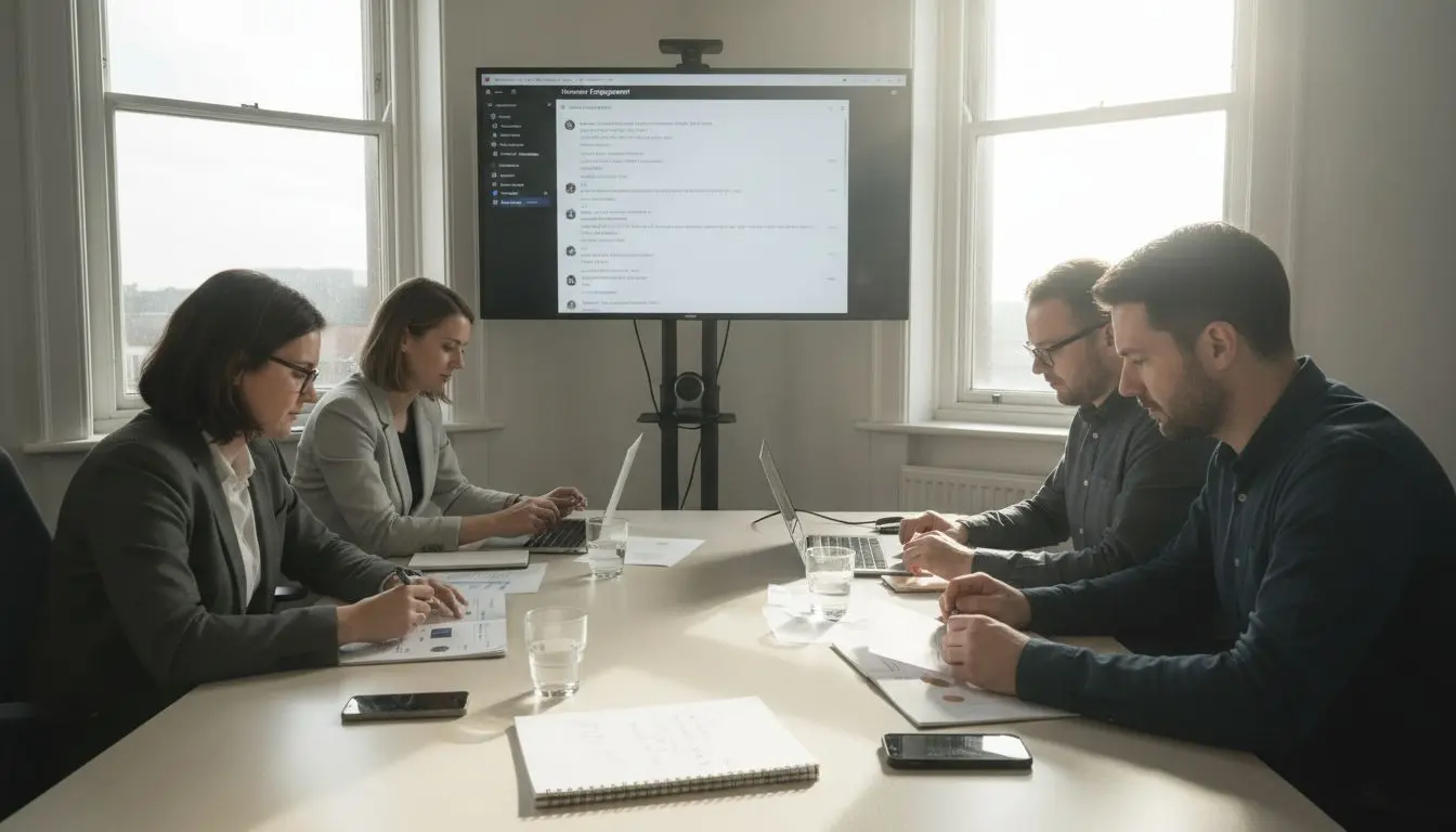 Advocacy team discussion in office meeting