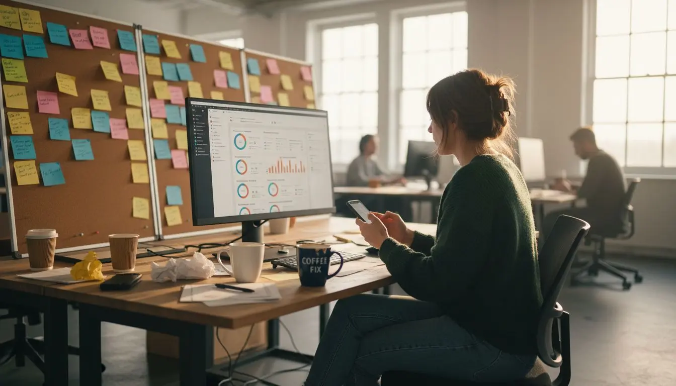 Reviewing social media analytics at shared desk