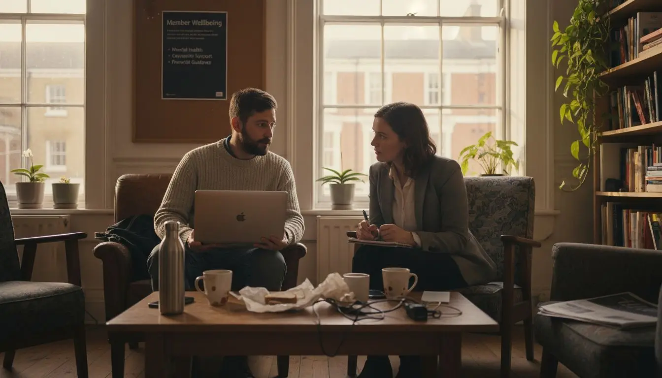 Members supporting each other in lounge area