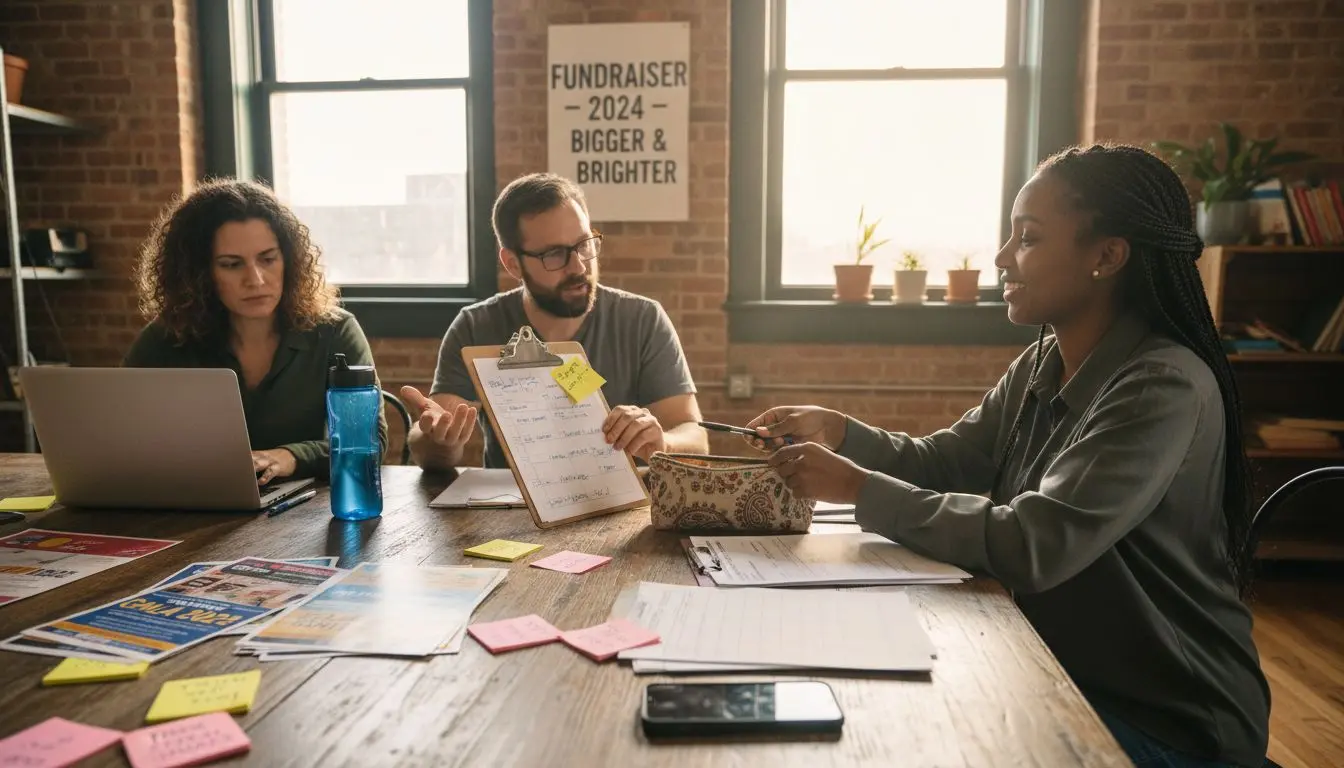 Nonprofit volunteers preparing fundraising event