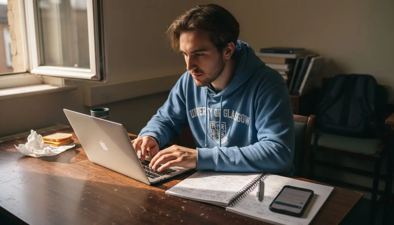 Student writing professional email in study room