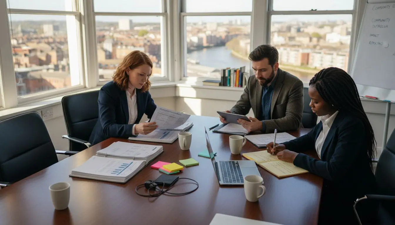 Nonprofit team planning in city office