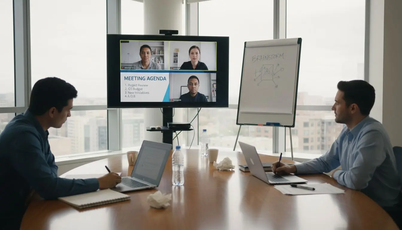 Team in hybrid meeting, remote video screens