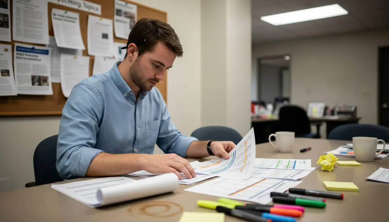 Reviewing content calendar for newsletter planning