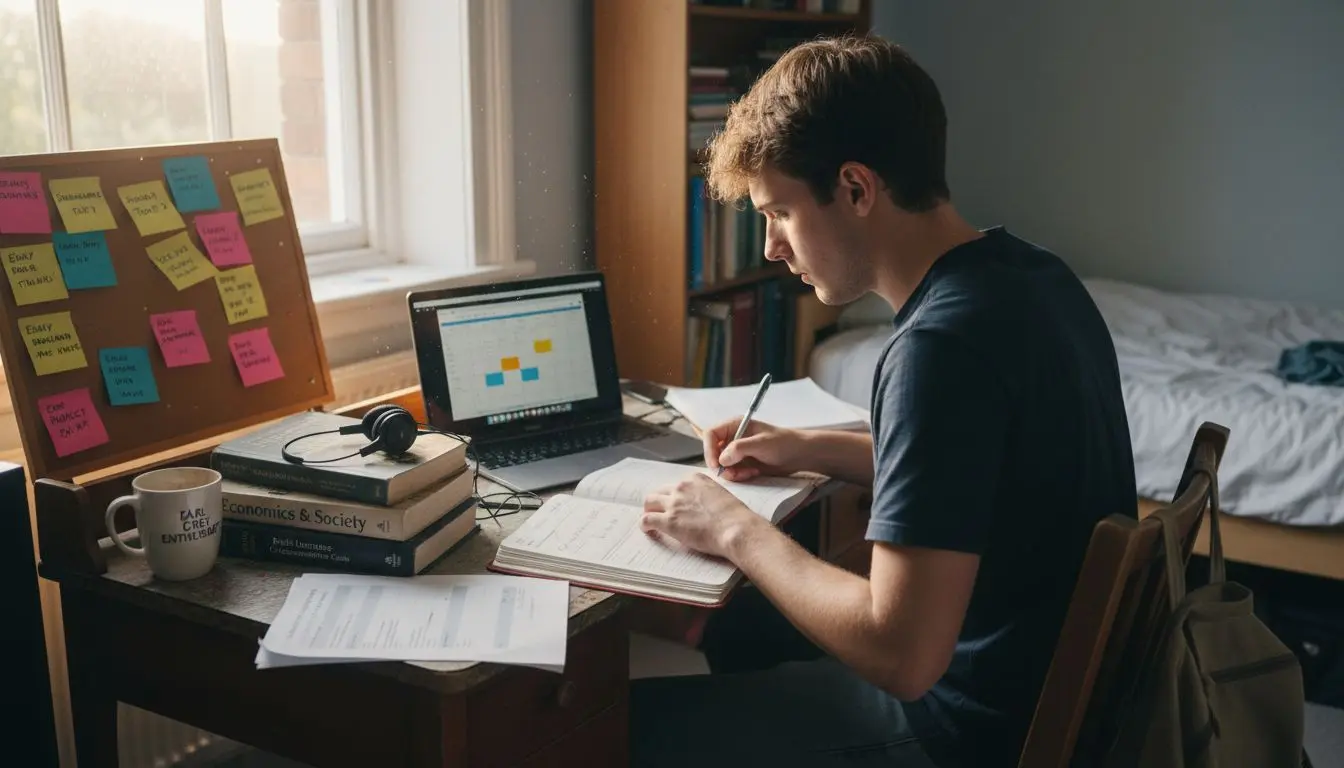 Student organizing planner at dorm room desk