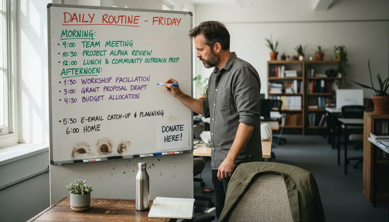 Nonprofit leader outlining daily routine