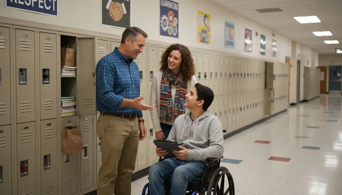 Teachers chat with student in hallway