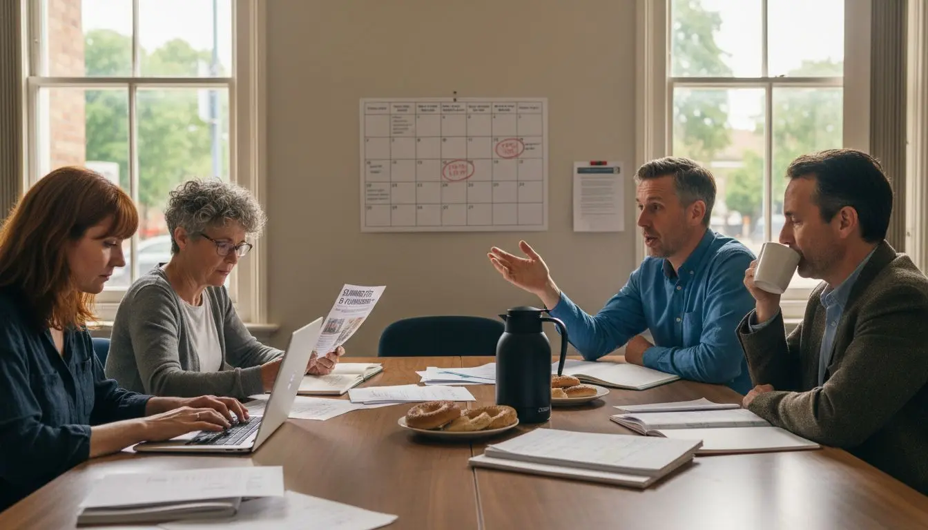 Nonprofit team planning event at cluttered meeting table
