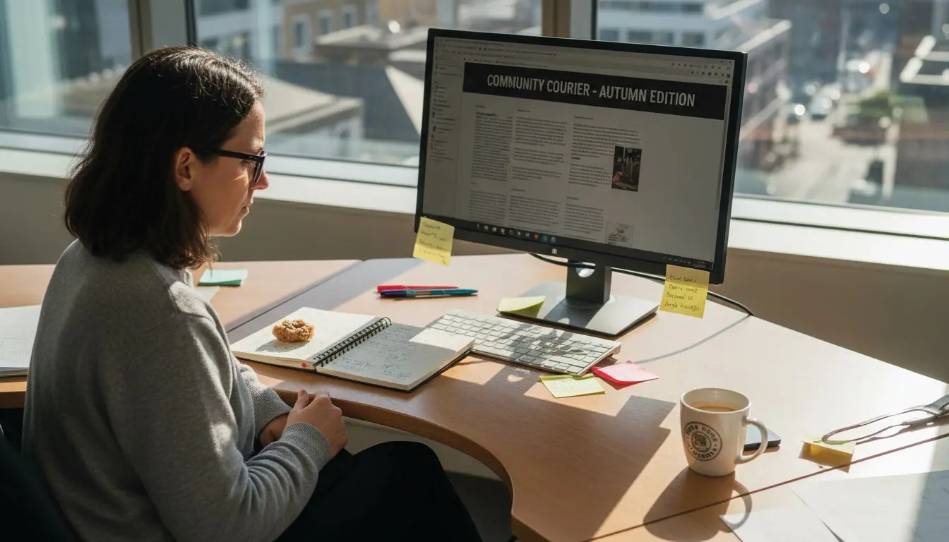 Woman drafting newsletter in bright office