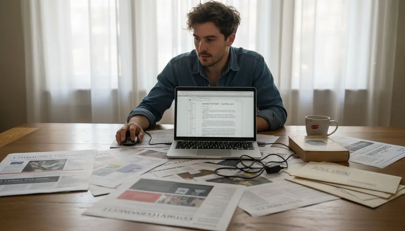 Person planning newsletter layout at messy table