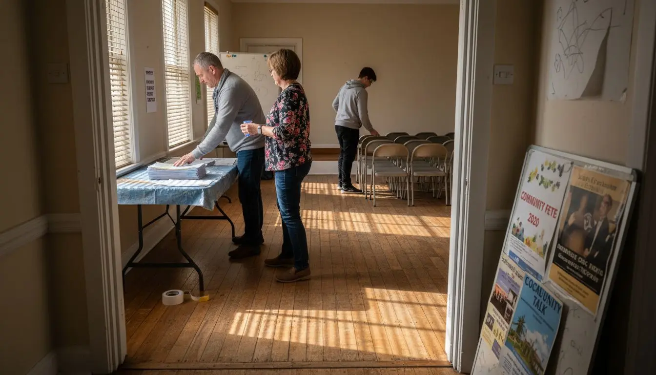 Volunteers preparing chairs for workshop event