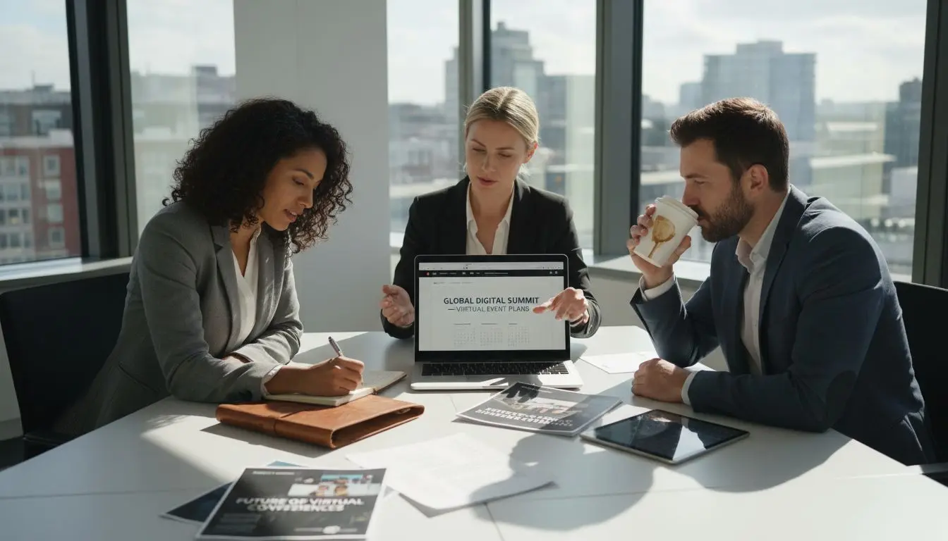 Team planning virtual event in bright office