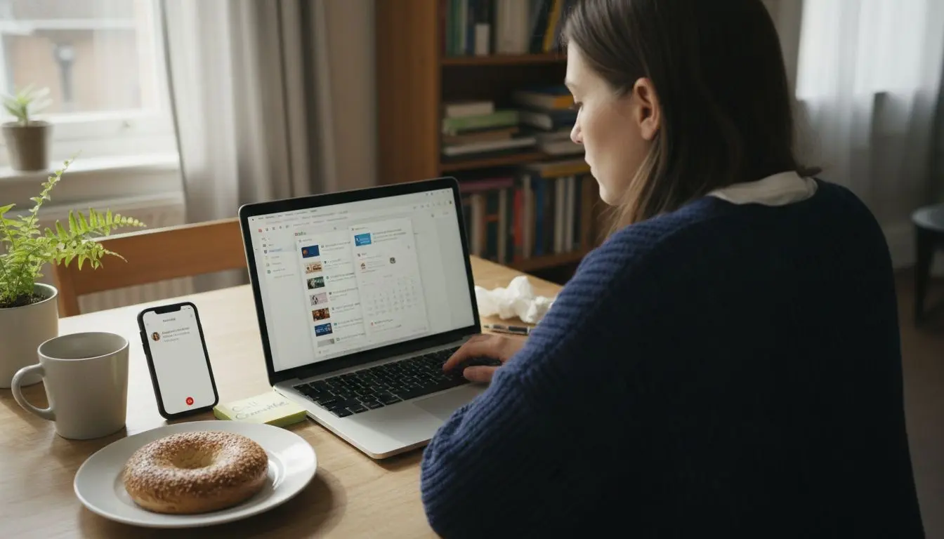 Woman checks event notifications laptop