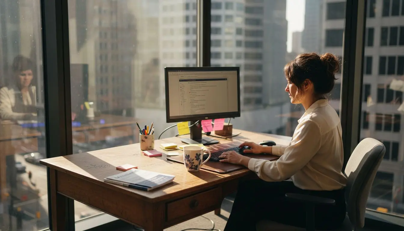 CRM manager working in bright corner office