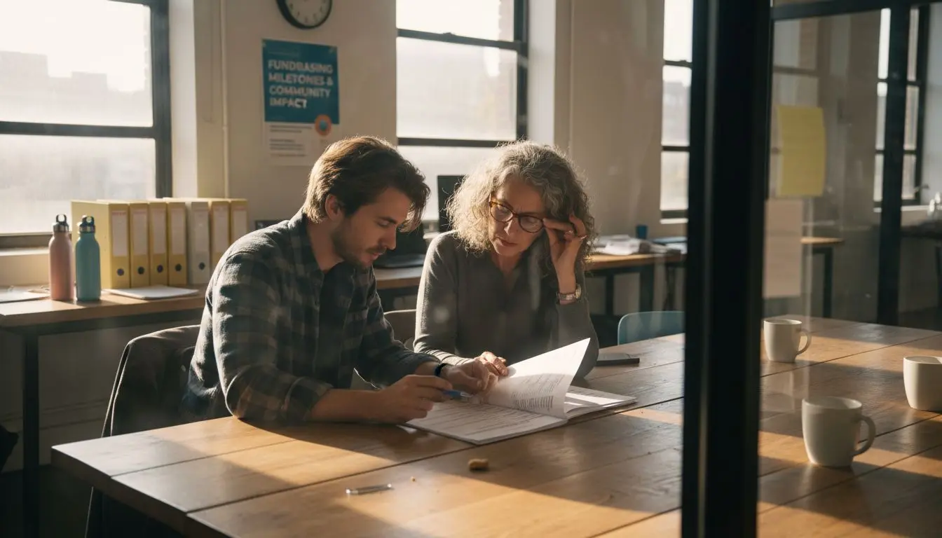 Nonprofit team reviews membership data report