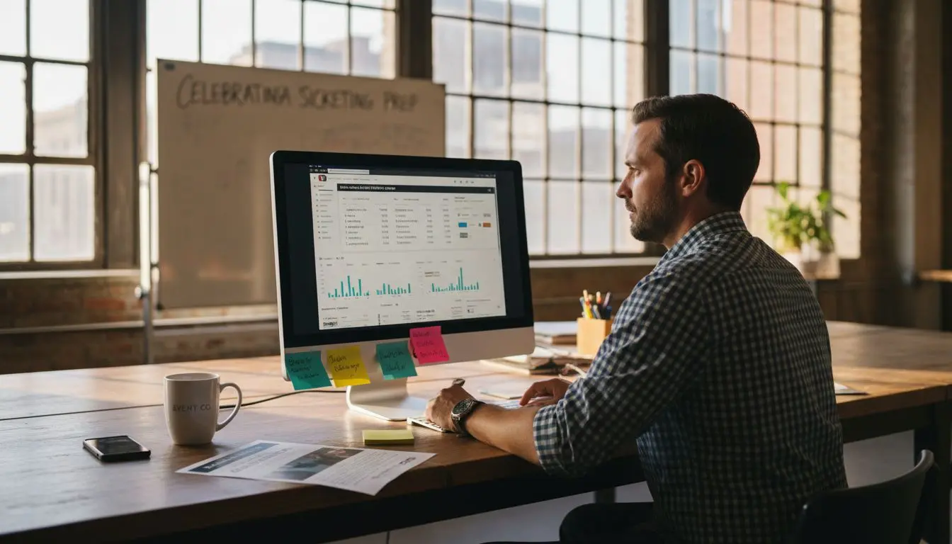 Event coordinator at computer with dashboard