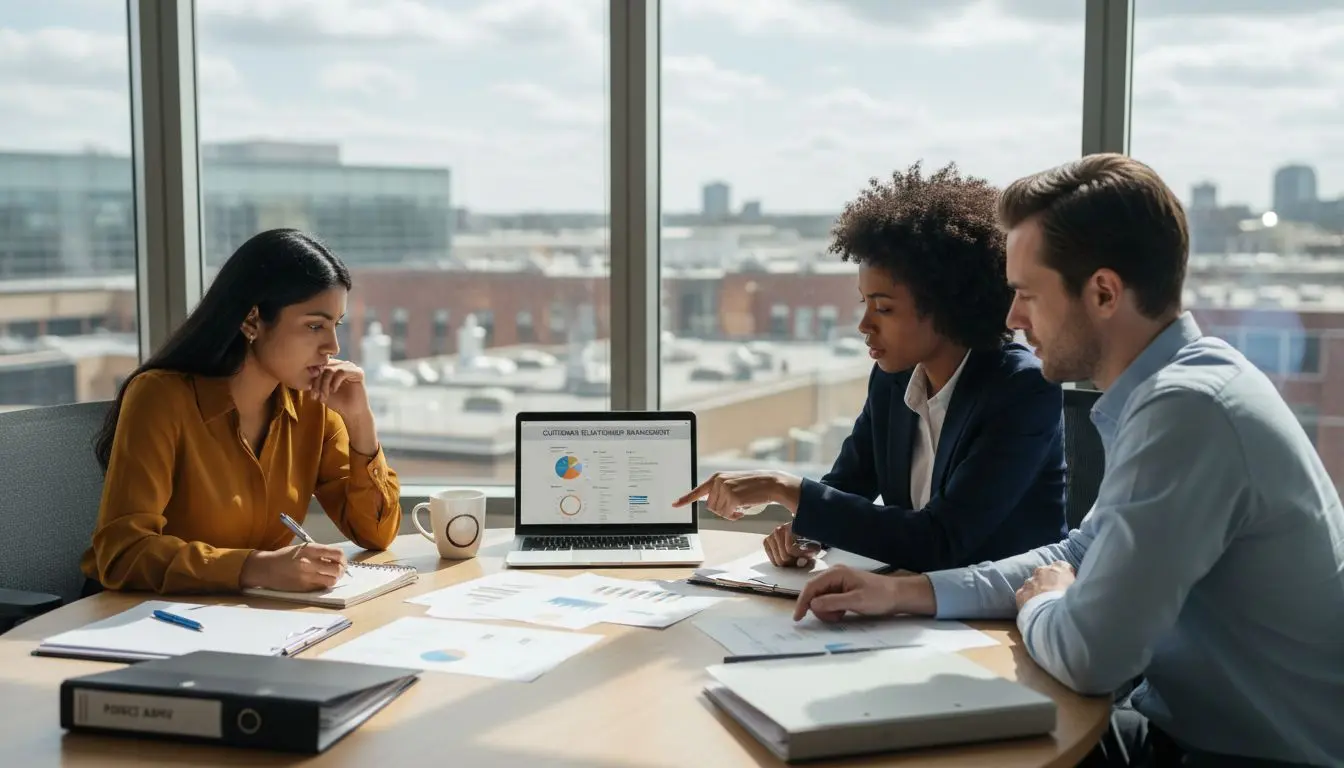 Team discussing CRM at a meeting table