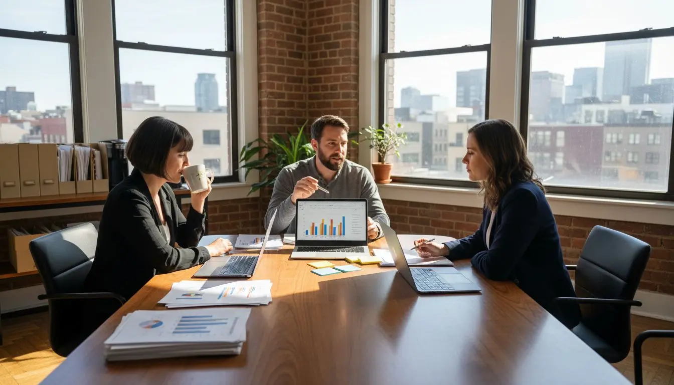 Marketing team reviews CRM reports for growth