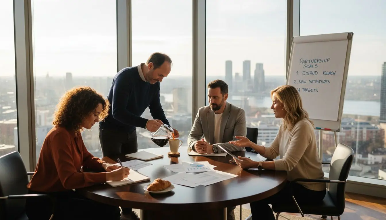Professionals meeting in sunny corner office