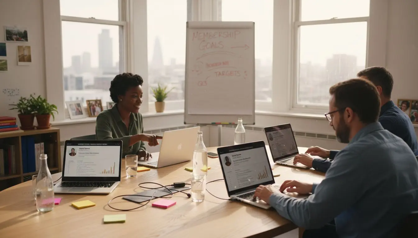 Team collaborating with CRM in office meeting