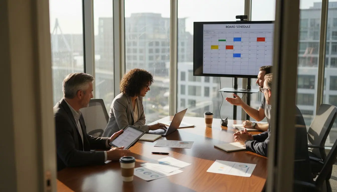 Board members using digital meeting software in office