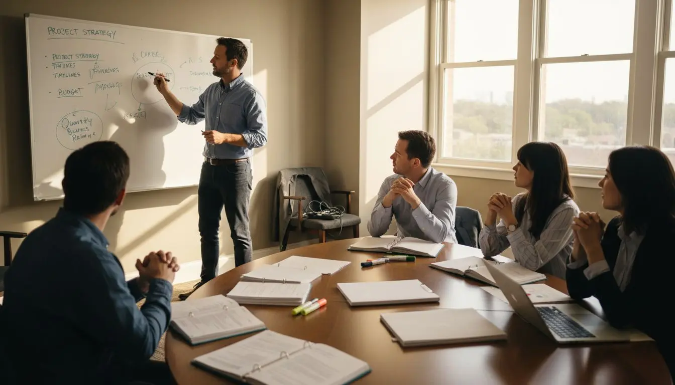 Facilitator writing notes on office whiteboard