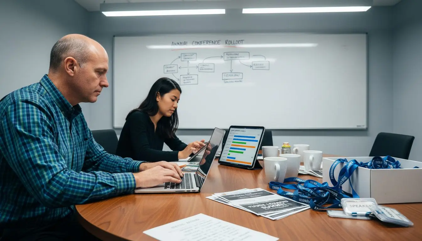 Event planning team reviewing logistics and tools